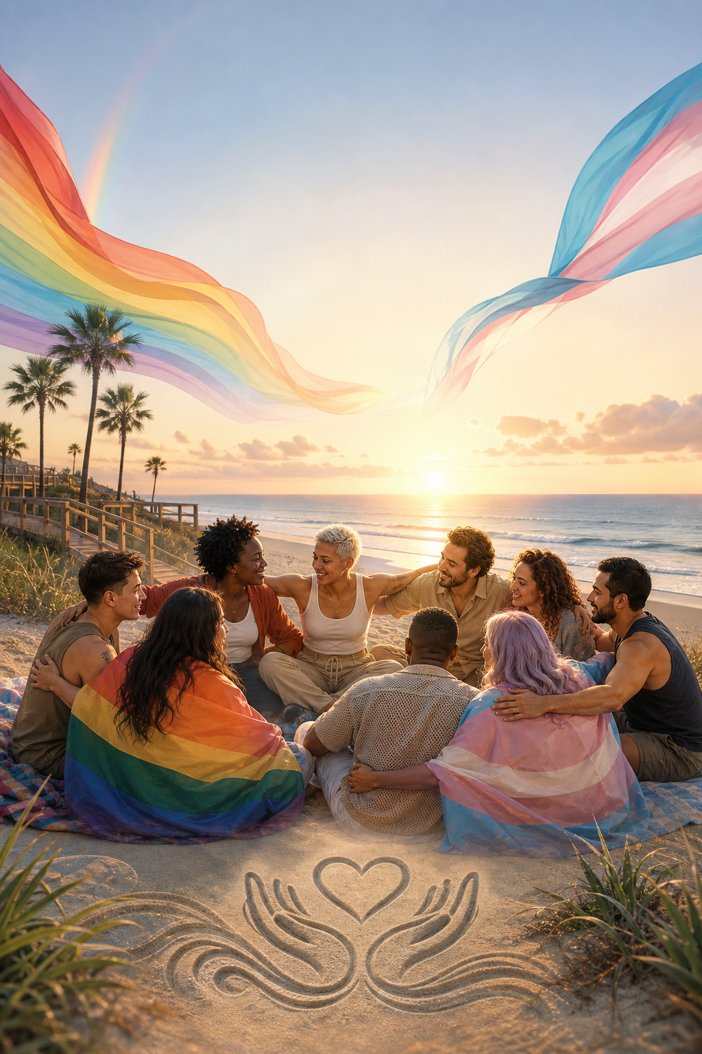 Pride flags flowing above a supportive beach circle at sunrise